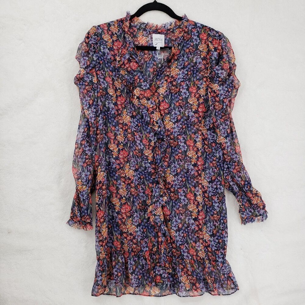 MISA Los Angeles Dress Womens Small Navy Floral Ruffle Long Sleeve Boho Mini USA